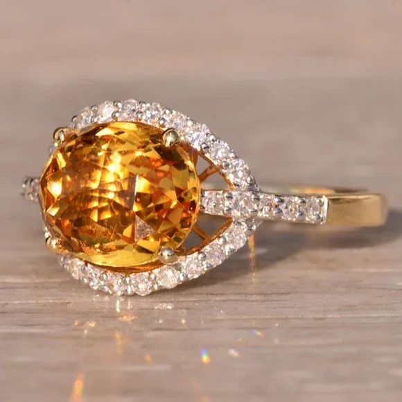 Checkerboard Cut Citrine and Diamond Ring in Yellow Gold